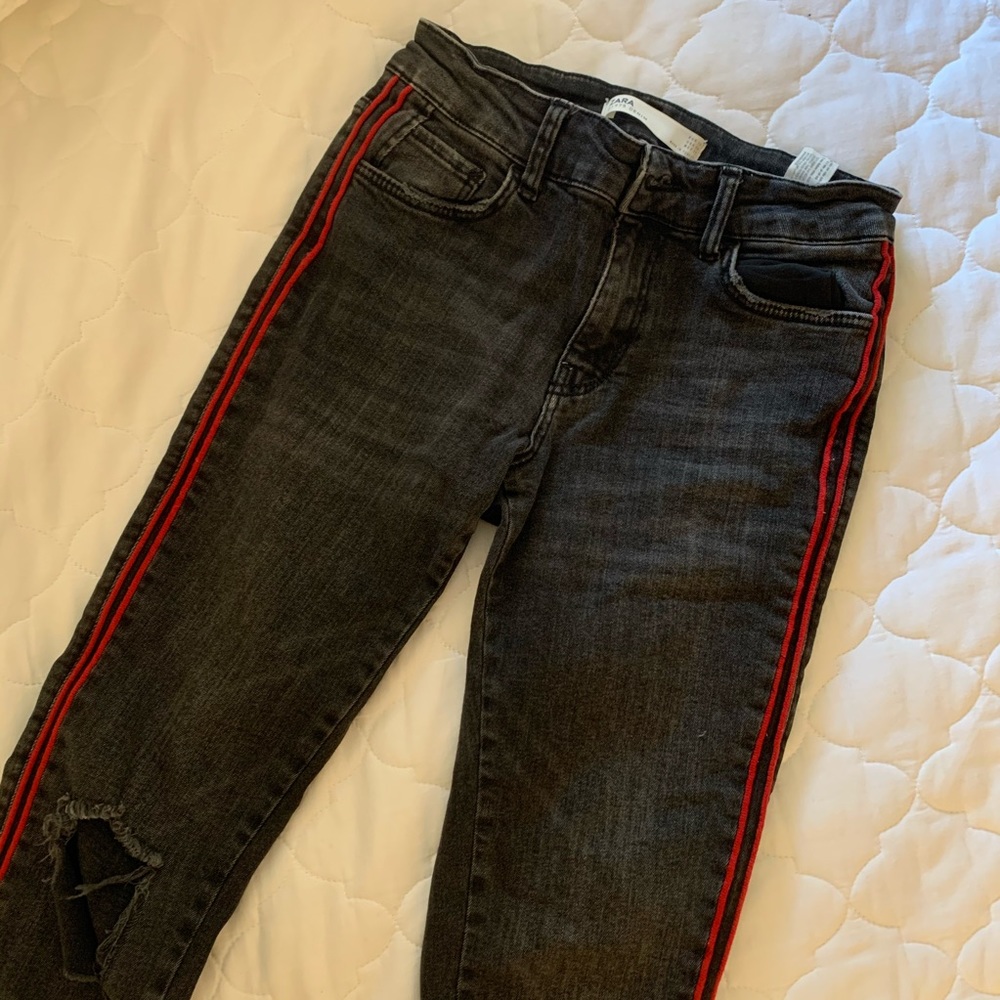ZARA washed black jeans with red side stripes